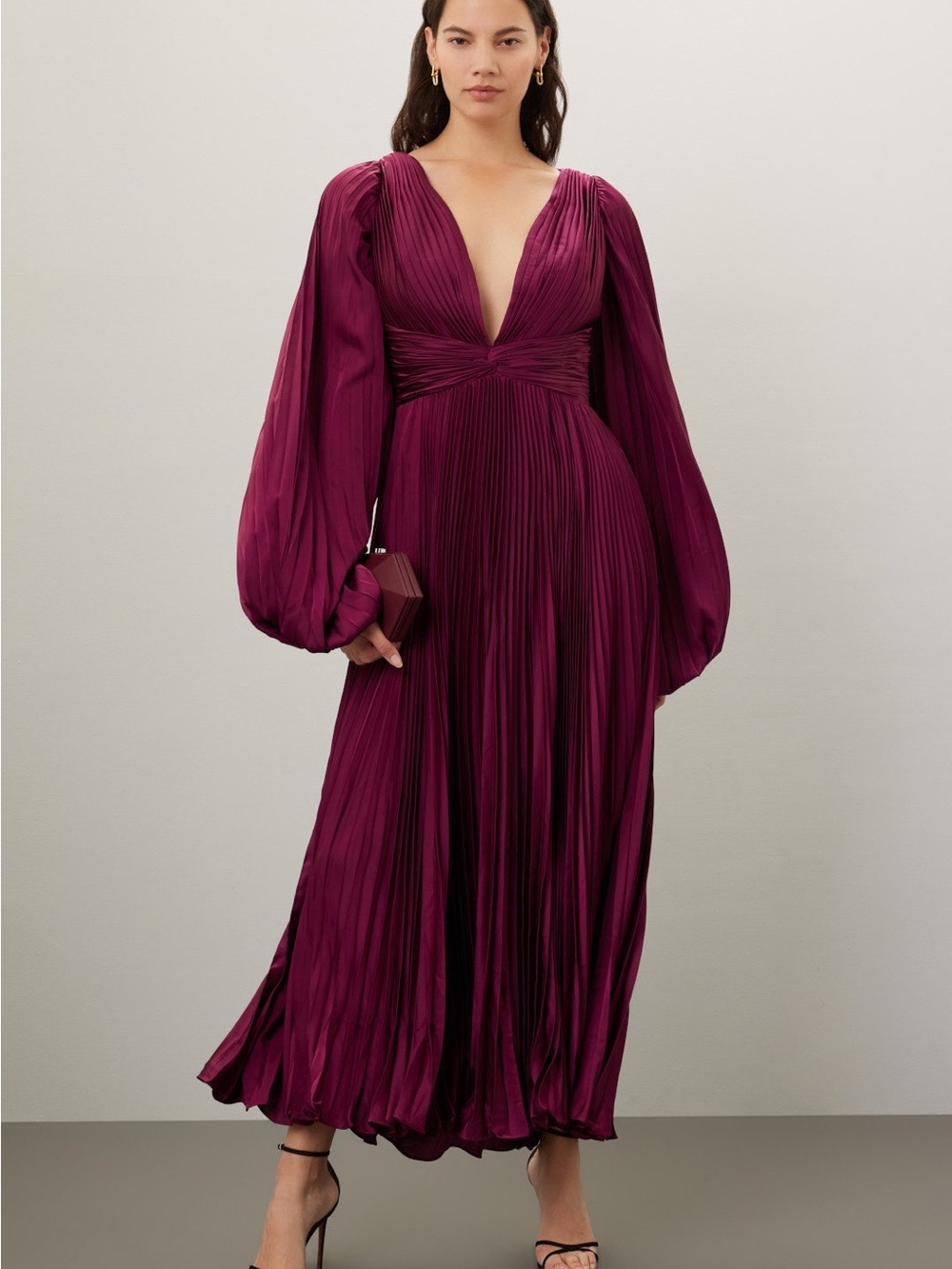 Mac Duggal Rich Plum Pleated Long Sleeve Midi Dress - Picture 5 of 11